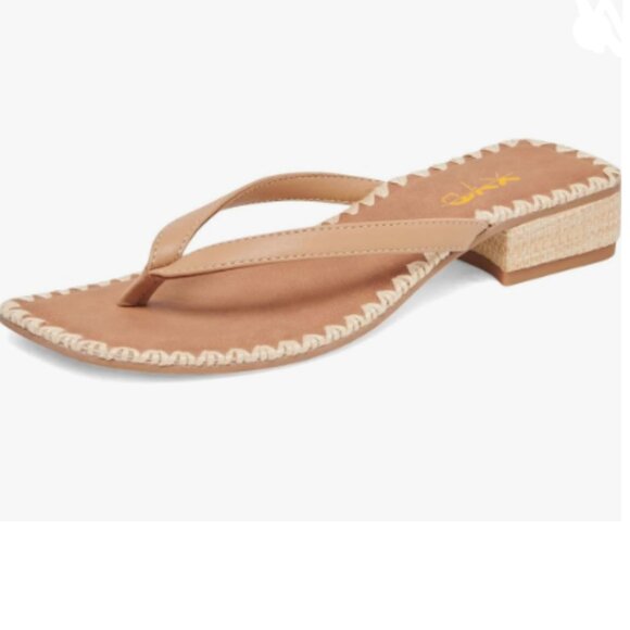 XYD Light Tan Open Toe Woven Flip Flops Summer Chunky Low Heel Thong Sandals - Picture 1 of 8